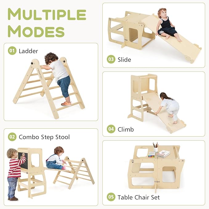 Olakids Pikler Triangle Set 8 in 1 Climbing Toys for Toddlers Foldable Wood Montessori Jungle Gym with Toddler Tower Angle Adjustable Ladder Ramp Slide Indoor Kids Playground Climber