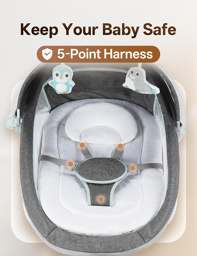 Electric Baby Swing for Infants to Toddler, Portable Swing Rocker with 5 Point Harness, 5 Sway Speed, Bluetooth,12 Preset Lullabies with Remote Control, Infant Swing for Baby Boys & Girls, Grey