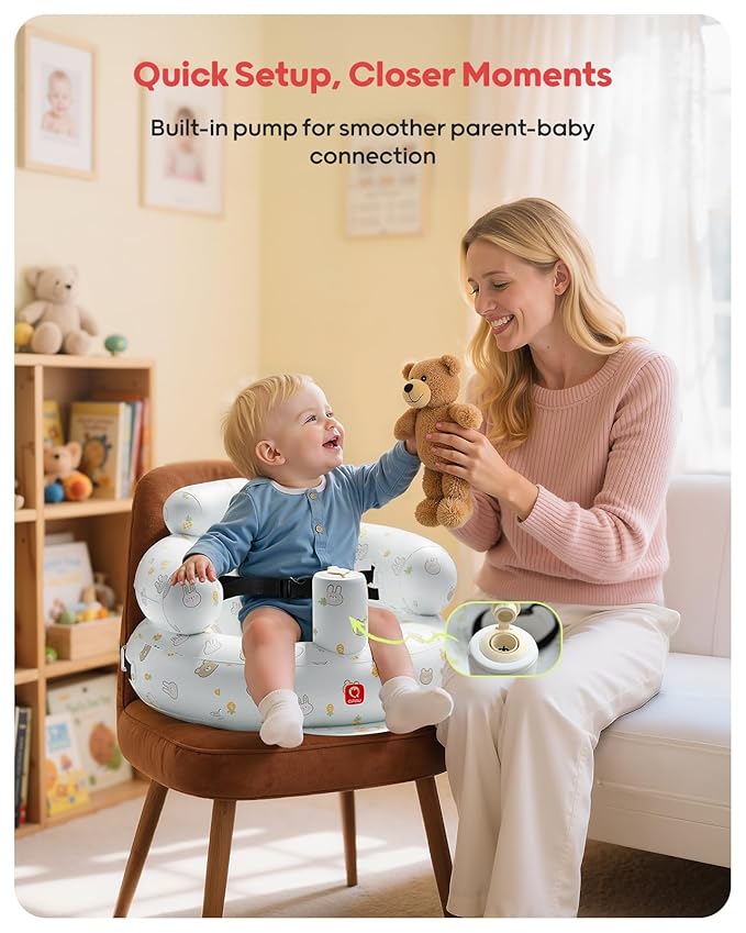 QPAU Inflatable Baby Seat with Safety Harness for Babies 3 Months & Up, Baby Floor Seats for Sitting Up, Baby Seats for Infants, Blow Up Baby Chair with Built in Air Pump (Rabbit and Bear)