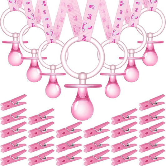 Tondiamo 48 Pieces Baby Pacifiers Party Favors with 24 Plastic Pacifiers and 24 Mini Clothes Pins Transparent Baby Showers Pacifiers Necklace Baby Girl Boy Pacifier Necklace for Party Favor(Pink)