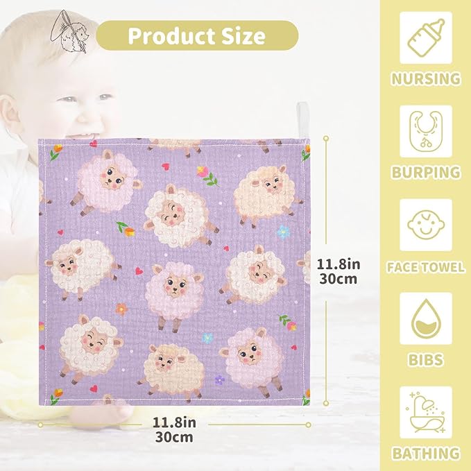 Vvfelixl Muslin Washcloths - Charming Sheeps Baby Burp Cloths, Cotton Face Towel for Newborn Infants, Boys, Girls - Soft and Absorbent, 11.8 X 11.8In, 3 Pack