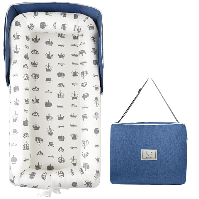 Portable Baby Lounger - Foldable Infant Lounge with Adjustable U-Shaped Bumper & Storage Bag, Breathable Cotton Snug Spot for Supervised Rest & Play at Home or On The Go,Blue Crown