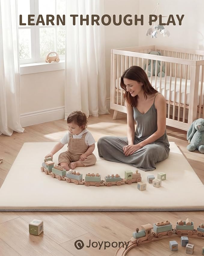 Joypony Baby Play Mat for Floor 47x47, 1.5” Thick Vegan Leather Crawling Mat with Removable Cover, Waterproof Playpen Mat for Infants and Toddlers, Wipe-Clean Kids Playmat, Cream