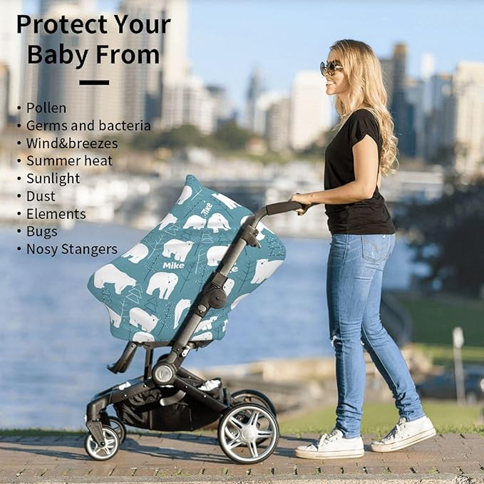 Personalized Baby Car Seat Cover for Boys Girls, Custom Polar Bear Nursing Covers for Breastfeeding with Name, Infant Stroller Cover, Baby Carseat Canopy for Newborn, Multiuse Car Seat Canopies