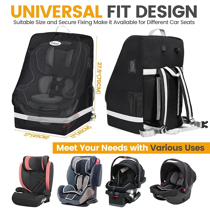 Orzbow Padded Car Seat Travel Bag for Airplane, Carseat Backpack Bags with Reflective Stripes, Infant Seat Travel Bag with Shoulder & Waist Strap, Car Seats Carrier for Airport Gate Check, Black
