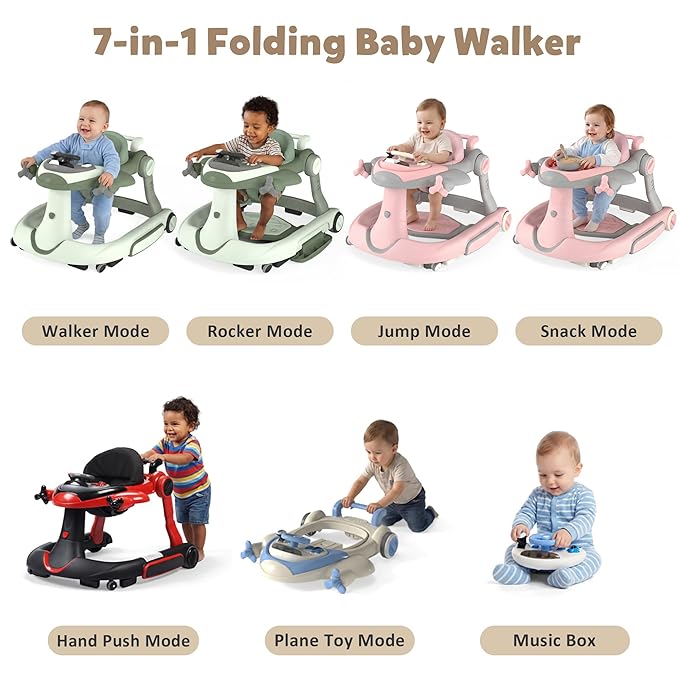 Todefull 7-in-1 Baby Walker with Wheels, Anti-Slip Base, Speed Control, 3 Level Adjustable Height with Music & Lights Box, Foldable Walkers for Babies 6-12 Months, Boys & Girls