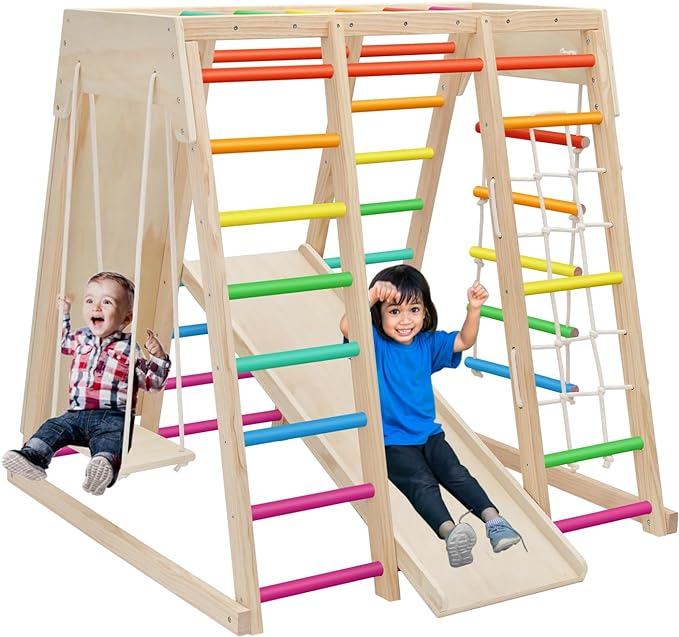 EDOSTORY 7 in 1 Pikler Indoor Playground Jungle Gym Playset, Wooden Montessori Climber with Slide, Rock Climb Wall, Monkey Bars, Rope Ladder, Climbing Rope and Swing for Kids（Rainbow）