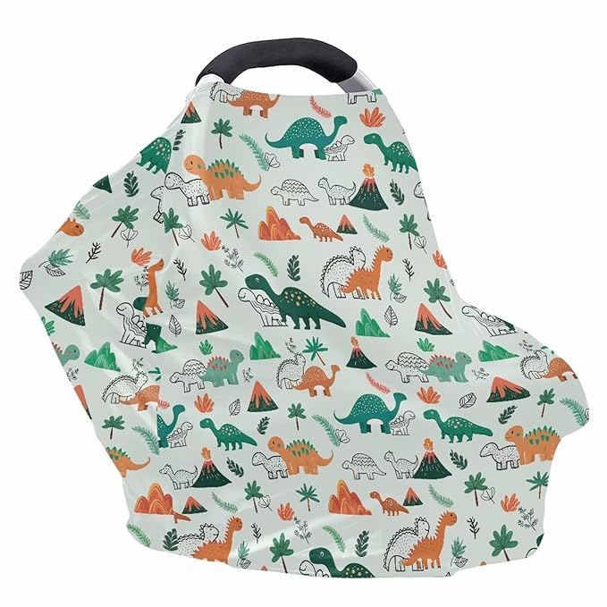 GIFTPUZZ Dinosaur Print Soft Stretch Car Seat Covers for Babies | Versatile Nursing Canopy & Breastfeeding Cover | High Chair & Shopping Cart Cover | Perfect Baby Shower Gifts for Boys & Girls