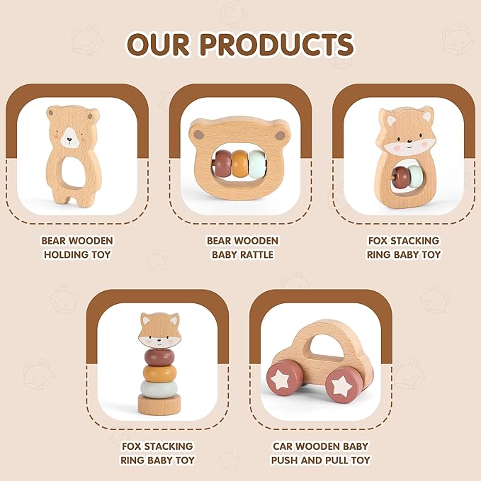 Freniland Wooden Montessori Toys, 5-Piece Wooden Baby Toys, Bear Baby Rattle, Fox Stacking Ring, Car Push and Pull Toys, Bear Grasping Toys,Newborn Baby Gift Sets for Boys and Girls