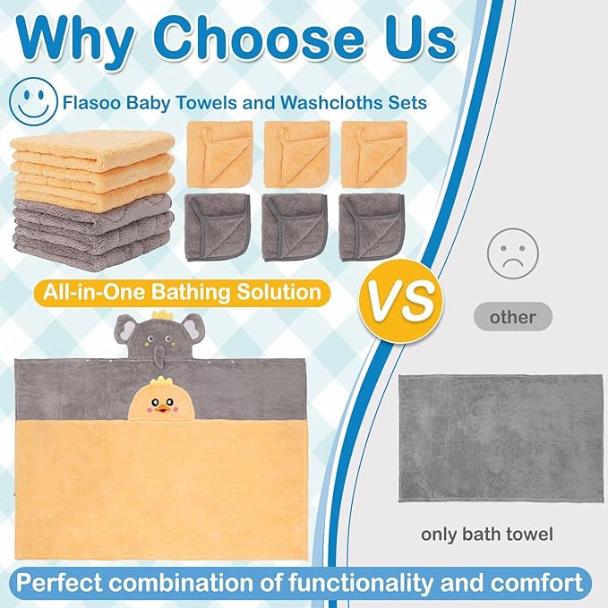 Flasoo 8 Pcs Toddler Towel Set, 2 Pcs Hooded Toddler Bath Towel, Large 55" x 27.5" Toddler Hooded Towel & 6 Pcs Baby Washcloths for Boy Girl 0-5 Year, Soft Gift for Babies, Infant, Newborn Essential