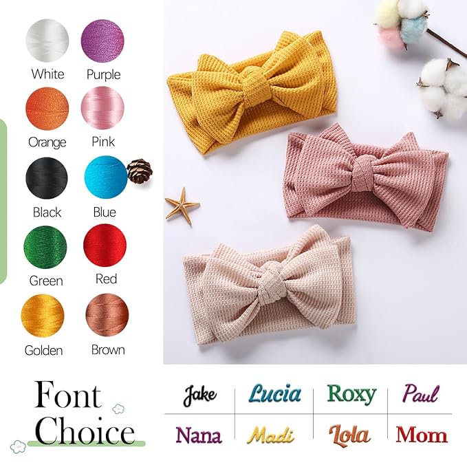 Ulico Personalized Girl Headband,Custom Baby Girls Headband with Embroidered Name, Newborn Headbands with Bow Baby Shower Gift（2 Pack ）