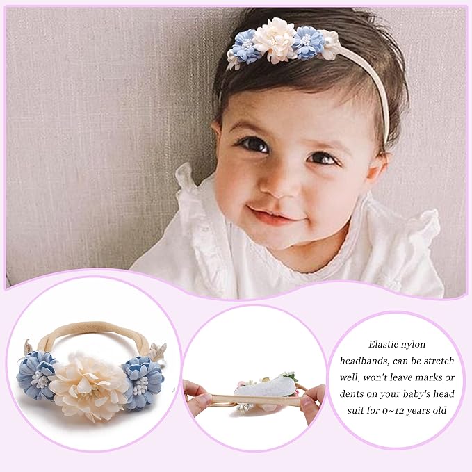 Baby Girl Flower Headband 6 PCS Elastic Hairbands Handmade Nylon Bows Headbands Chic Floral Hair Accessories Kids Gifts for Newborn Infant Toddlers