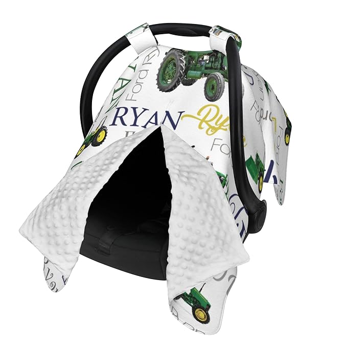 Personalized Car Seat Covers for Babies Custom Name Car Seat Canopy for Newborn Baby Boys Girls Mom Nursing Breastfeeding Covers Farm Tractor Minky Baby Carrier Covers with Peekaboo Opening