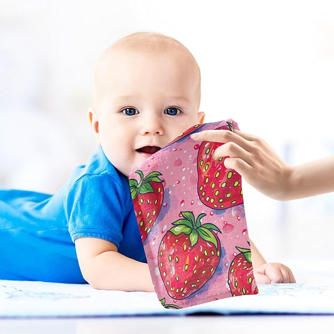 Strawberries Pink Muslin Baby Washcloths, 5 Pack of Cotton Newborn Wash Cloths, Extra Soft & Ultra Absorbent Baby Towels, 12 X 12 in