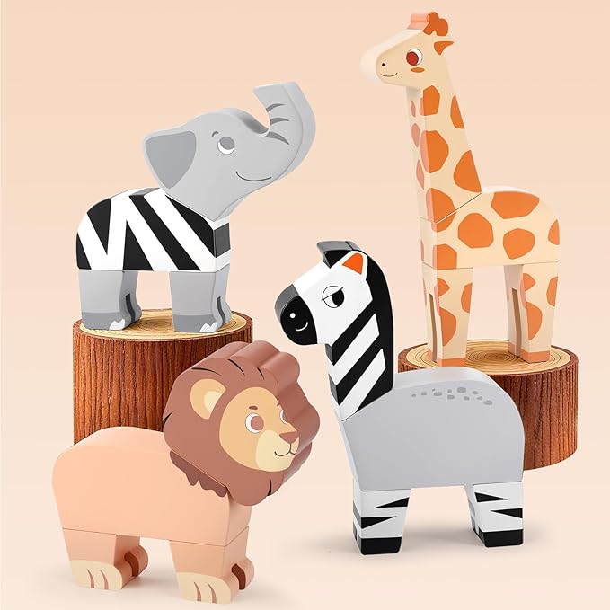 Joyreal Magnetic Jungle Animals Toy Play Set, 16 Pcs Wooden Building Blocks Play Set Toy for 1 Year Old, Fine Motor Montessori Game Preschool Educational Gift for Ages 1-5