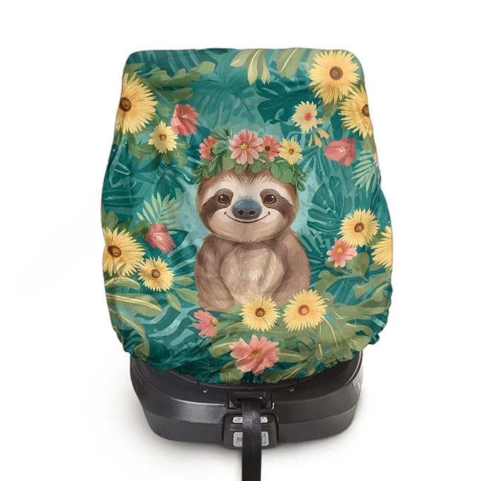 XYZCANDO Sloth Print Carseat Cover for Baby Cartooon Baby Car Seat Cover with Elastic Edge Foldable Summer Carseat Cover Protect from Sun/Hot Days Breathable Car Seat Sun Cover for Baby