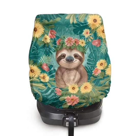 XYZCANDO Sloth Print Carseat Cover for Baby Cartooon Baby Car Seat Cover with Elastic Edge Foldable Summer Carseat Cover Protect from Sun/Hot Days Breathable Car Seat Sun Cover for Baby