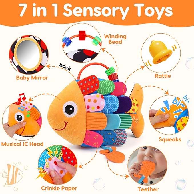 Baby Sensory Tummy Time Toys 0-6 Months Music Fish Toy for Infant 3 4 5 6 Month Old Black and White High Contrast Newborn Toys with Mirror Crinkle Rattle for 3-6 6-12 Months Baby Boy Girl Shower Gifts