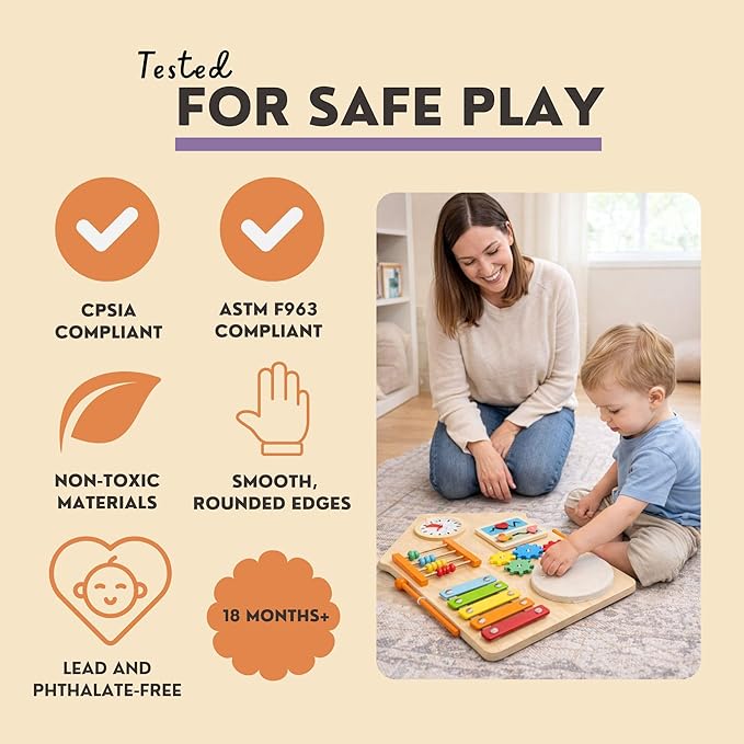 Sensory Busy Board for Toddlers 1–3, Wall Mounted or Portable Tabletop Activity Board, Montessori Toy for Independent Play & Fine Motor Skills