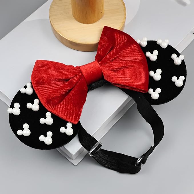 JIAHANG Baby Girls Adjustable Mouse Ear Hair Bow Headband with Beadings, Fashion Velvet Hair Bow Hairband for Infant Toddler School Girls
