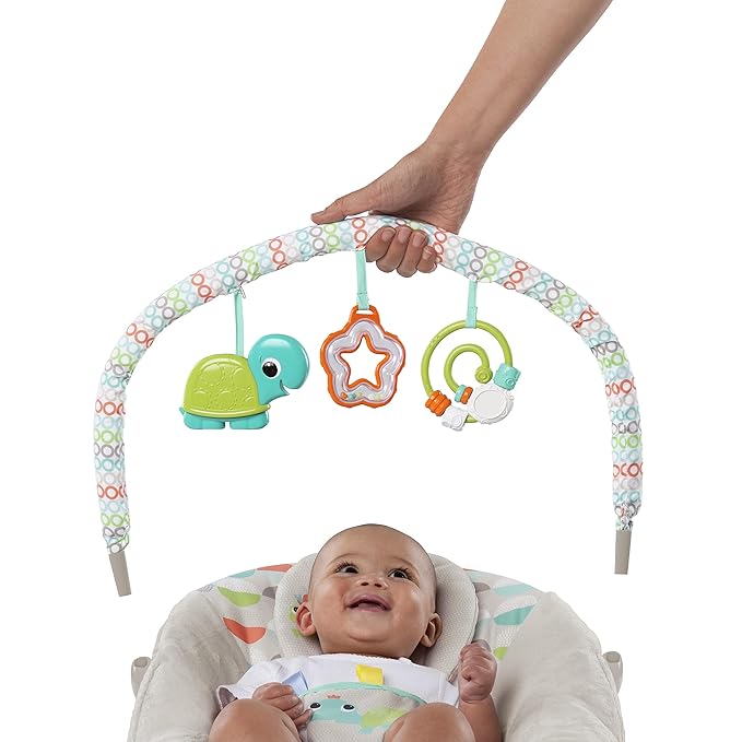 Bright Starts Baby Bouncer Soothing Vibrations Infant Seat - Taggies, Music, Removable -Toy Bar, 0-6 Months Up to 20 lbs (Happy Safari)
