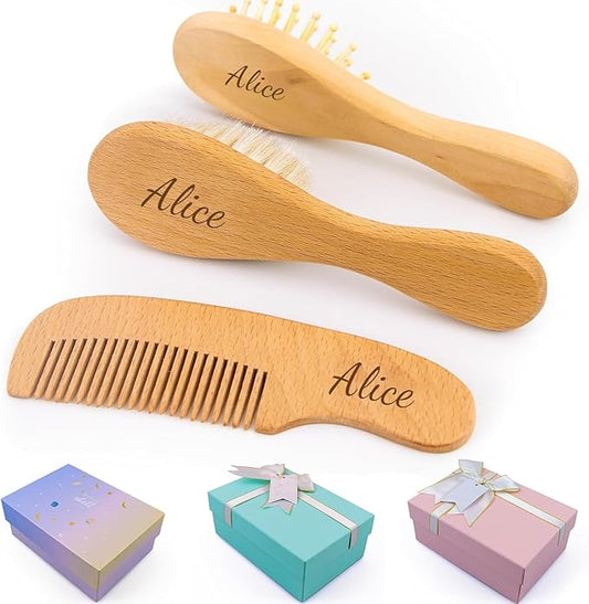 Personalized Baby Hair Brush and Comb Set for Newborn - Custom Wooden Toddler Hair Brush Set with Soft Goat Bristle, Toddler Cradle Cap Brush, Perfect Baby Registry Gift
