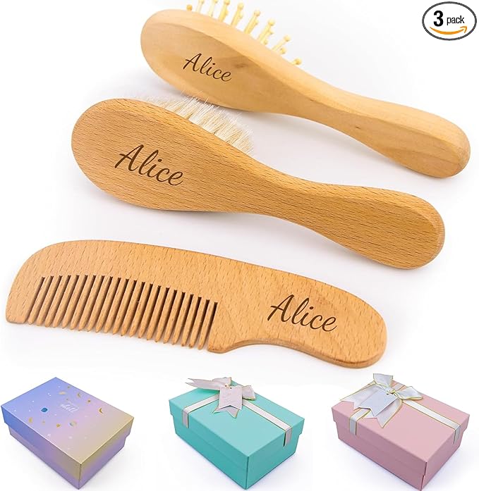 Personalized Wooden Hair Brush Set with Soft Goat Bristles - Perfect for Newborns and Toddlers, Cradle Cap Brush Included