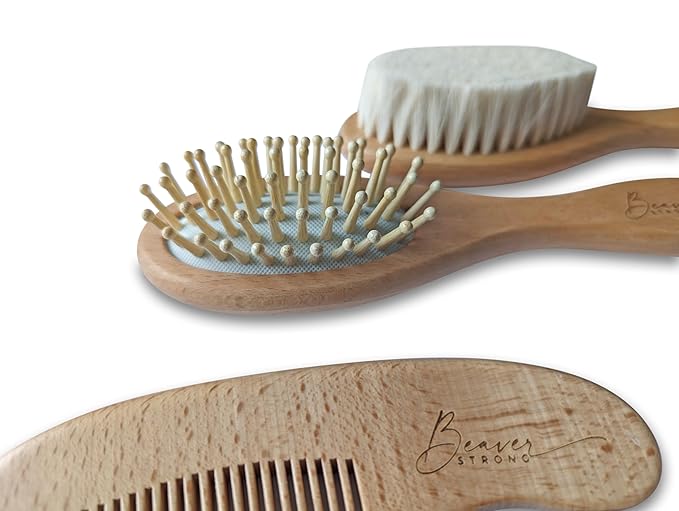 Gentle Care Wooden Baby Hair Brush and Comb Set by BeaverStrong - 2 Brushes and 1 Comb for Newborns - Soft Bristles, Safe and Natural - Perfect for Delicate Infant Hair and Scalp