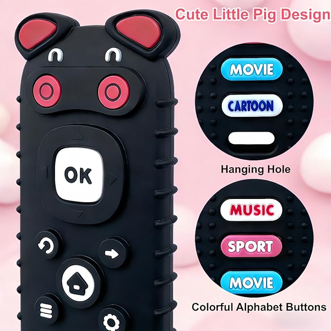 2Pcs Baby Teething Toys, BPA-Free Food Grade Silicone Baby Remote Control Teething Toy for 3-18 Months, Baby Remote Teether, Newborn Teething Relief TV Remote Pig Shaped Toy (Pig Black&Pink)