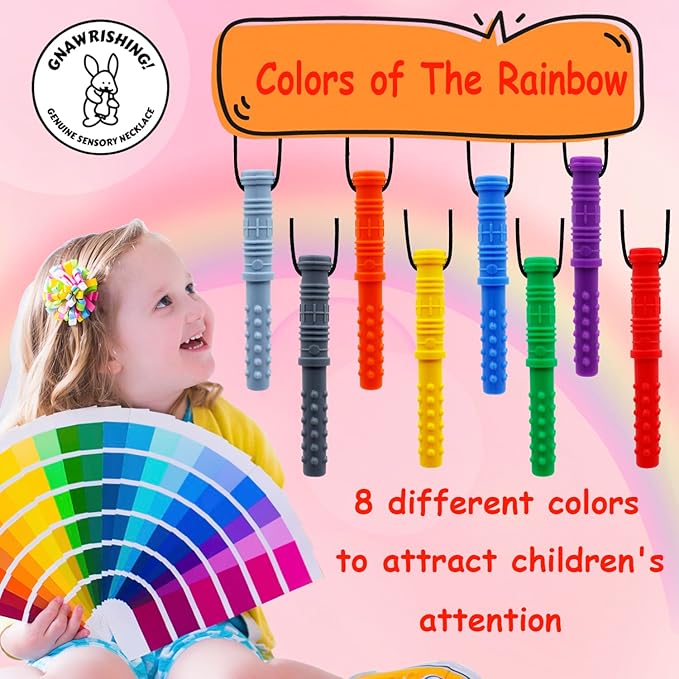 Chew Necklaces for Sensory Kids 8Pcs Cylinder Shape Sensory Chewy Toys for Autism Girls and Boys, ADHD Toddler, Adult