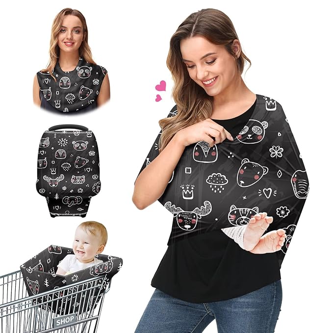 Baby Car Seat Stroller Covers Panda Fox Bear Nursing Cover Breastfeeding Scarf Soft Breathable Stretchy Coverage Carseat Canopy Cover for Boys and Girls Soft Breathable Multi Use