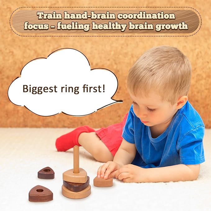 Adena Montessori Ring Natural Wood-Colored Wooden Stacking Toy,Montessori Geometric Stacker Wooden Educational Toy,Baby and Toddler Ages 12+ Months Shape Sorter and Stacking Tower for Babies(Triangle)