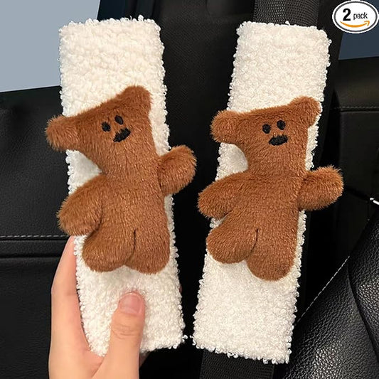 2 PCS Seat Belt Cover Pad, Cute Kawaii Animal Bear Seatbelt Covers for Kids and Adults, Winter Plush Fluffy Soft Seat Belt Cover, Cartoon Seatbelt Cushion,Car Seat Strap Pads (C-Bear)