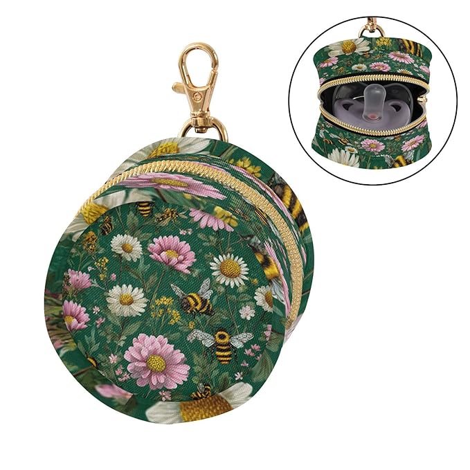 Pacifier Holder with Clip Pacifier Case for Diaper Bag Round Baby Pacifier Pouch Box Bag Portable Dark Green Bees and Flowers