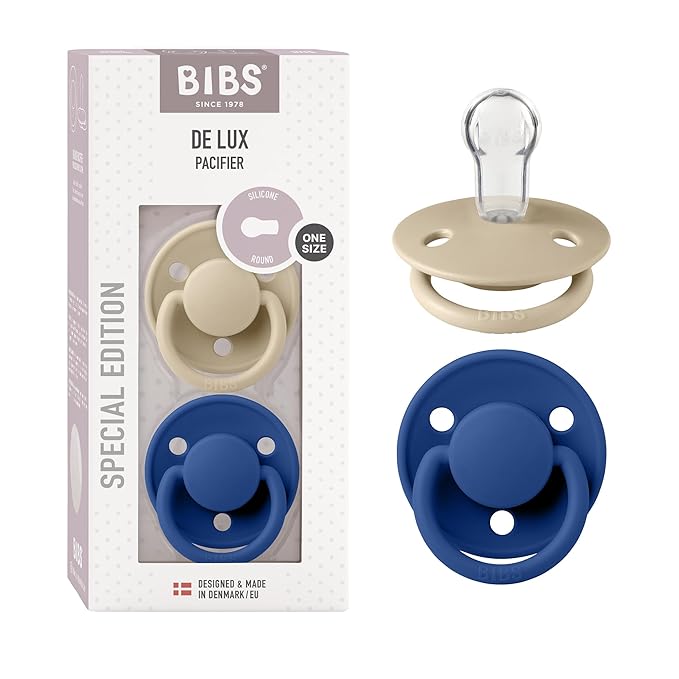 BIBS Pacifiers OneSize | 2-Pack Soothers | BPA-Free Symmetrical Nipple | Made in Denmark | Vanilla/Cornflower De Lux Pacifier