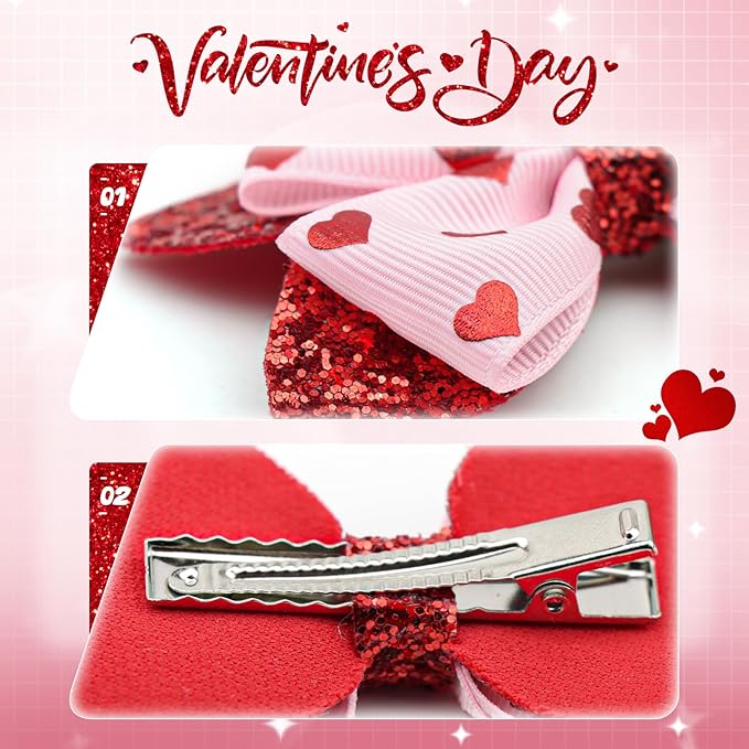 YanJie 3’’ 2Pcs Valentines Day Hair Bow Clips for Girls Pink Bows Hearts Hair Accessories for Women Glitter Hairpin Red Hair Clip