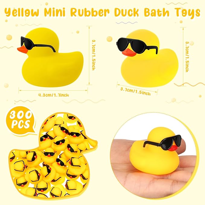 Hiboom 300 Pack Mini Rubber Ducks Set Bath Toys in Bulk with Sunglasses Float Squeak Tiny Baby Shower Rubber Duck Bathtub Pool Toy for Kids Party Birthday Supplies Prize Rewards(Yellow)