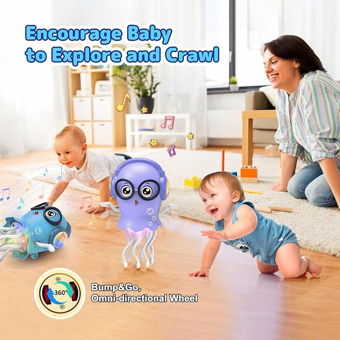 Kids Toy Dancing Jellyfish, Tummy Time Toy Interactive Jellyfish Bump and Go with Music & Lights, Learning Crawling Toys for Toddlers Baby 1 2 3 4 5 Years, Birthday Easter Gifts for Boys Girls