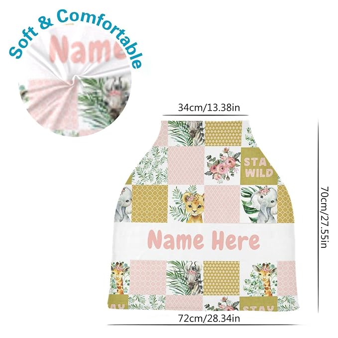 Personalized Zoo Animals Baby Car Seat Cover for Babies with Name, Custom Baby Car Seats Canopy for Girls, Nursing Breastfeeding Stroller Covers Infant Car Seat Blanket for Newborn