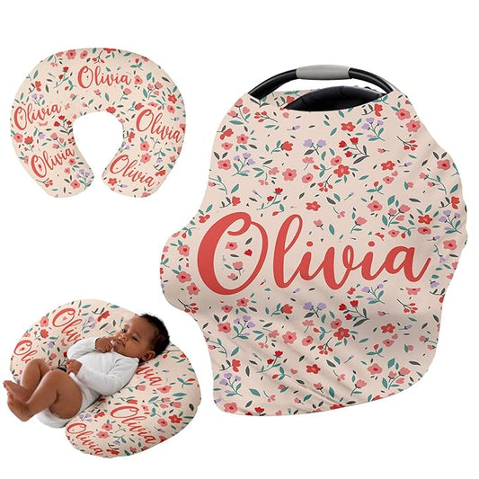 Custom Name Car Seat Canopy - Baby Car Seat Covers, Infant Stroller Cover, Red Pattern Carseat Canopy Christmas Birthday Gifts for Girls and Boys