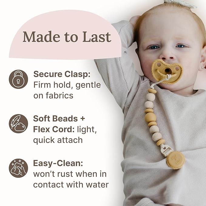 Silicone Pacifier Clip – Metal-Free, Rust-Free, 100% Food-Grade Silicone and Natural Beech Wood, Secure Pacifier Holder for Babies – Sun - Mila & Lulu