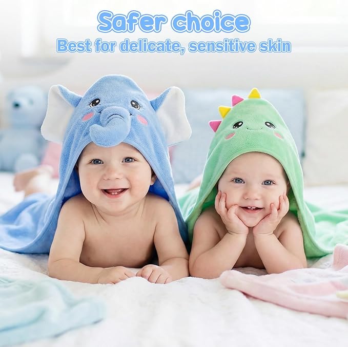2 Pack Hooded Baby Towels Soft Absorbent Coral Fleece Baby Bath Towels with Animal Hood 32x32 Inch Toddler Bath Towel for 0-3 Years Newborn Baby Shower (Blue Elephant & Green Dinosaur)