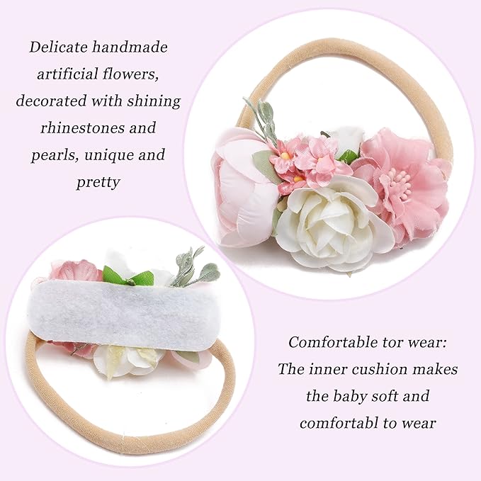 Baby Girl Flower Headband 6 PCS Elastic Hairbands Handmade Nylon Bows Headbands Chic Floral Hair Accessories Kids Gifts for Newborn Infant Toddlers