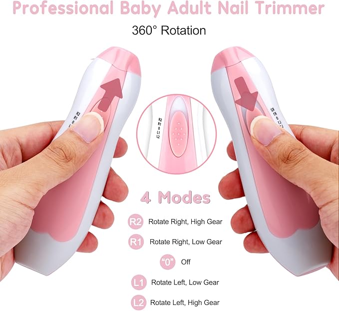 Qunlions life Baby Nail Trimmer File with Light - Safe Electric Nail Clippers Kit for Newborn Infant Toddler Kids Toes and Fingernails - Care, Polish and Trim - Battery Operated (AA), Pink