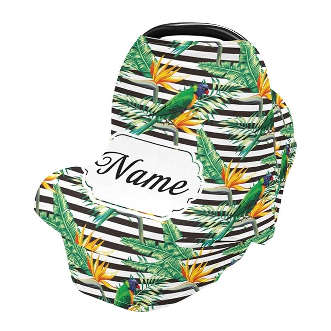 Personalized Baby Car Seat Covers for Boys Girls, Customized Carseat Cover with Name, Infant Stroller Canopy, Nursing Cover Breastfeeding Scarf for Newborn Babies, Tropical Plant Striped