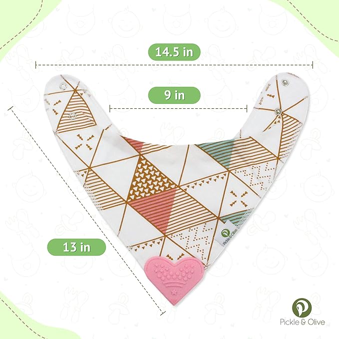 Pickle & Olive Baby Girl Bandana Teething Bibs - Attached Heart Teether - Set of 4 - Pink