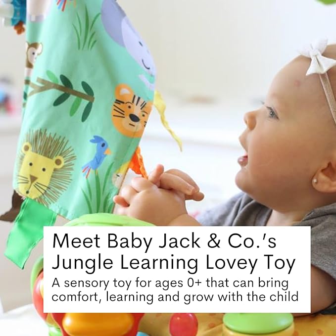 Baby Jack & Co 8x8” Jungle Zoo Animals Lovey Tag Toys for Babies - Crinkle Toys for Development of 5 Senses - Soft & Safe - Learn Shapes & Colors - Tummy Time - Soother - BPA Free w/Stroller Clip