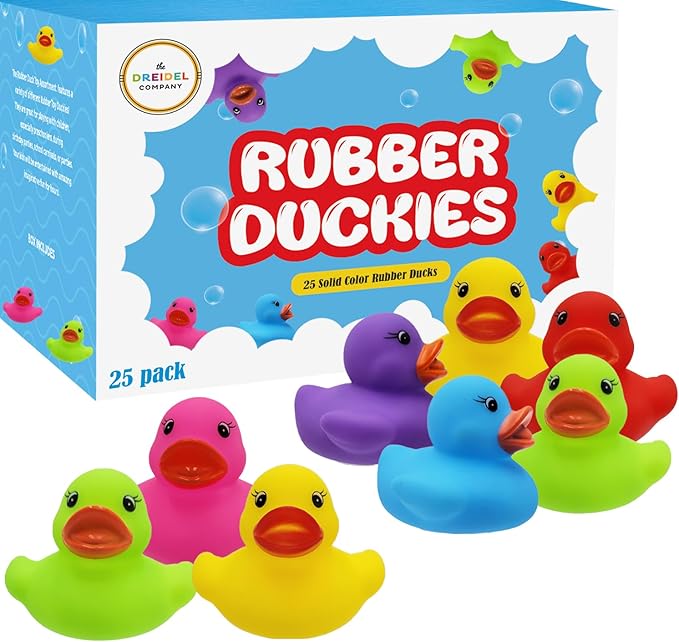 The Dreidel Company Classic Rubber Duck Toy Duckies for Kids, Six Solid Colors, Bath Birthday Gifts Baby Showers Classroom Summer Beach and Pool Activity, 2" (25-Pack)