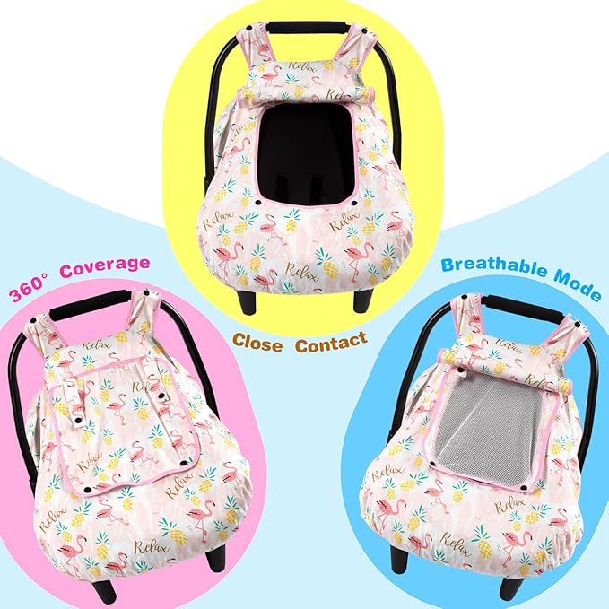 SMTTW Baby Car Seat Cover - Universal Fit, Snug, Breathable, Canopy for Boys/Girls, Ideal for All Seasons (Flamingo)
