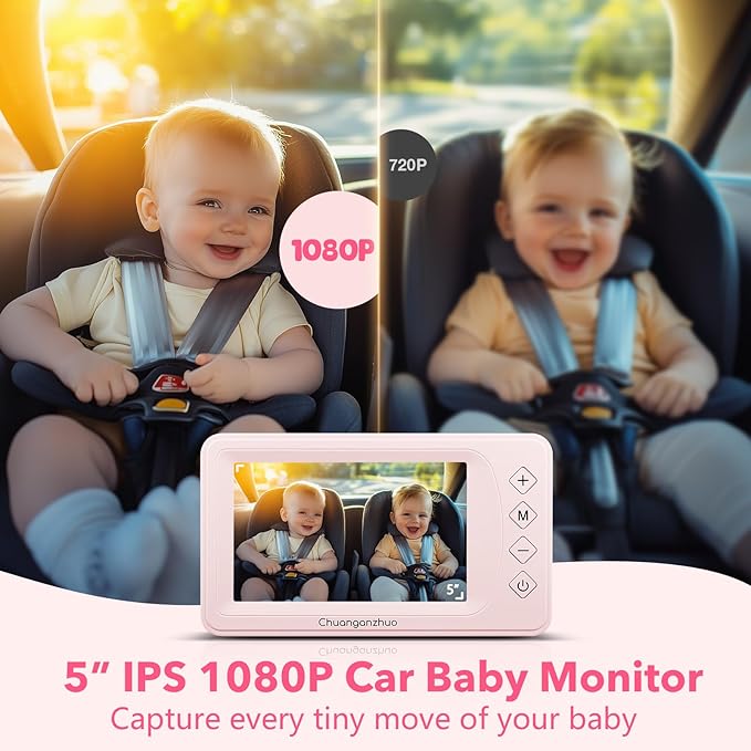 Baby Car Camera with NO.1 Night Vision, 3X Zoom, USB Powered, 5'' HD 1080P IPS Crystal-Clear Car Baby Monitor, Backseat/Carseat Camera for Kids Infants Rear Facing, S100U Light Pink
